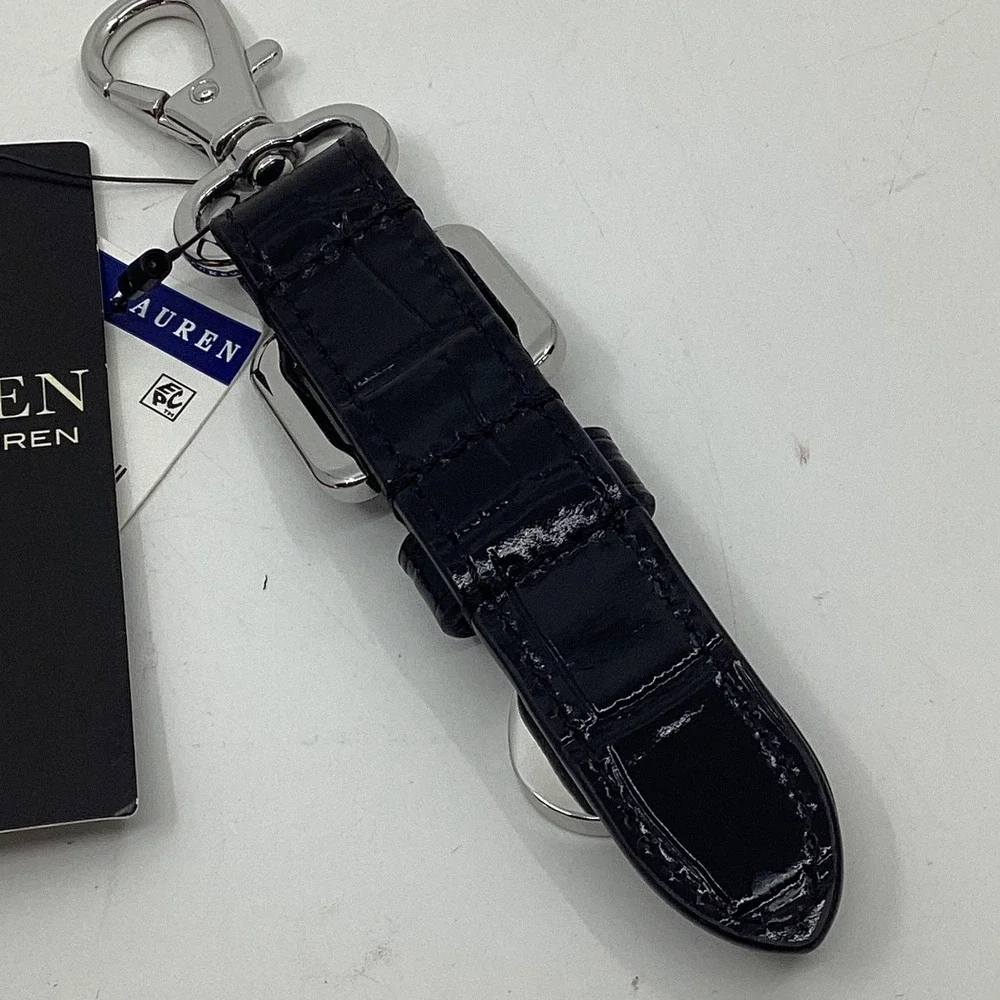 Lauren Ralph Lauren Black Croc Embossed Leather Buckle Padlock Keychain NWT